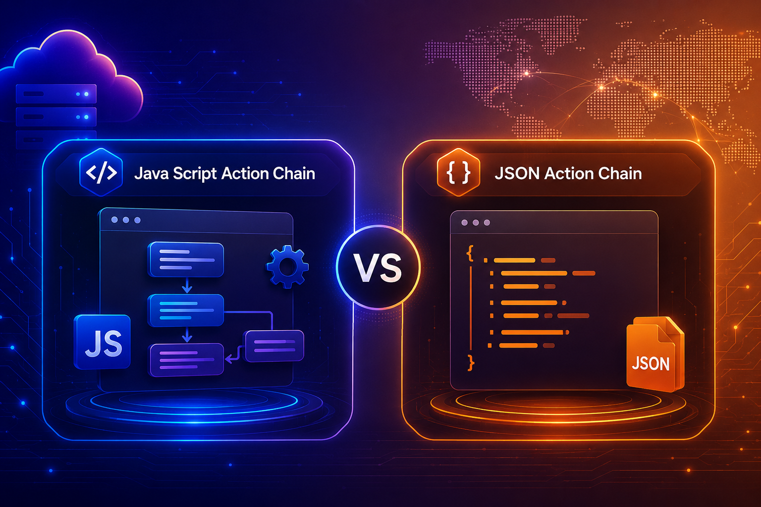 Comparison of JavaScript and JSON action chains in Oracle Visual Builder